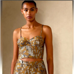Banana Republic Crop Top 12 Gold Green Floral Jacquard Cora Brocade Bustier Cami